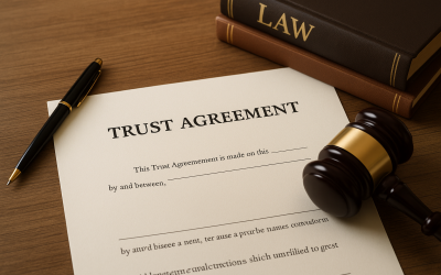 Close-up of a legal document titled 'Trust Agreement' on a wooden desk, with a pen, gavel, and law books, representing estate planning and trust creation in Florida.