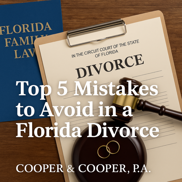 Divorce paperwork on a clipboard with a judge’s gavel, wedding rings, and a Florida Family Law book — symbolizing legal separation in Florida.