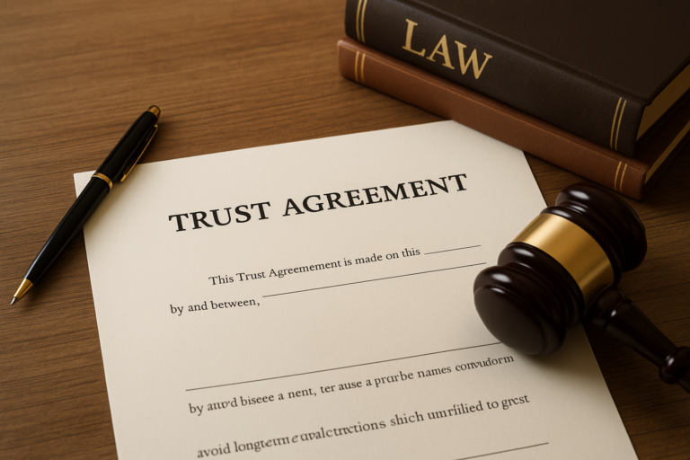 Close-up of a legal document titled 'Trust Agreement' on a wooden desk, with a pen, gavel, and law books, representing estate planning and trust creation in Florida.